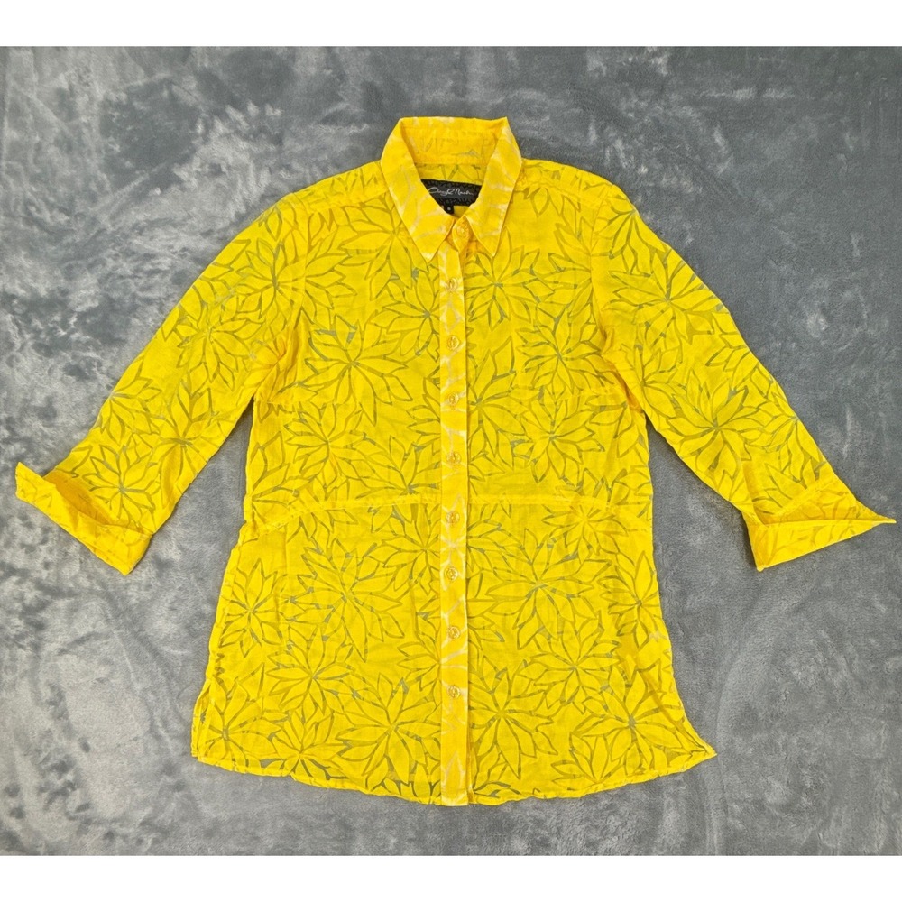 Cheryl Nash Bright Yellow Burnout Floral Button Front Shirt 3/4 Sleeve Small USA
